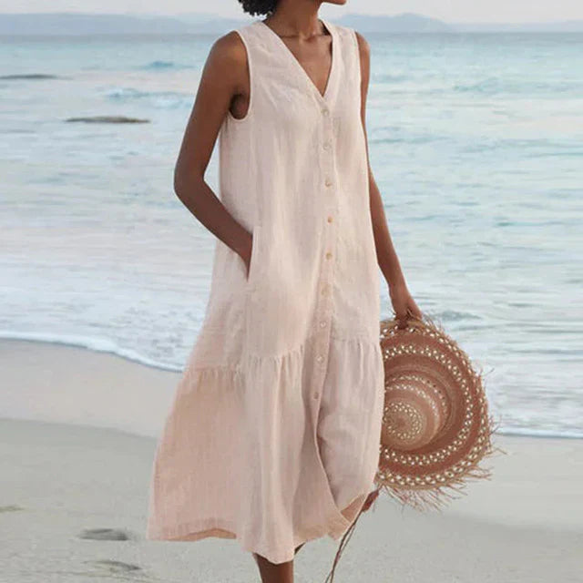 LF | Robe sans manches à col en V en coton et lin