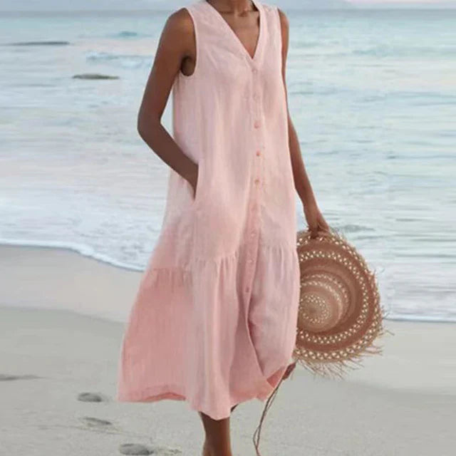 LF | Robe sans manches à col en V en coton et lin