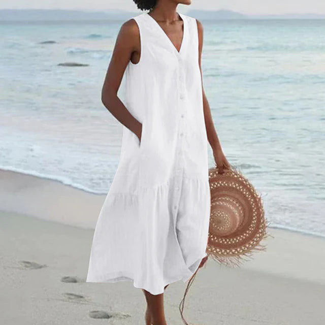 LF | Robe sans manches à col en V en coton et lin