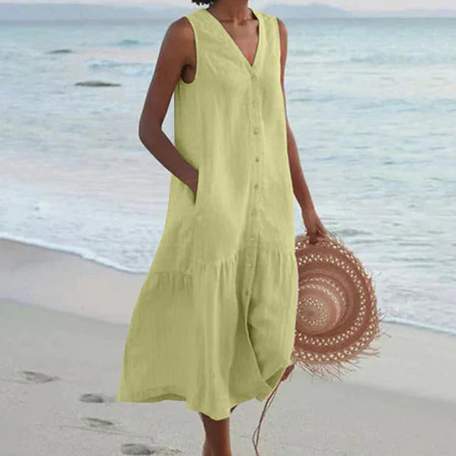 LF | Robe sans manches à col en V en coton et lin