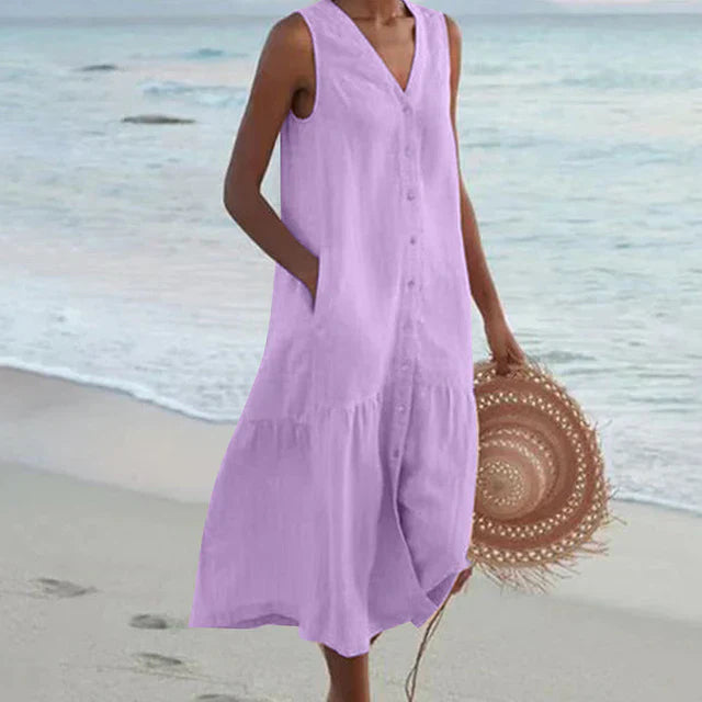LF | Robe sans manches à col en V en coton et lin