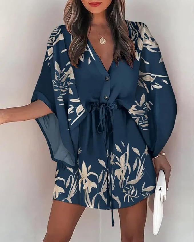 LF | Robe imprimée avec décolleté en V et manches chauve-souris