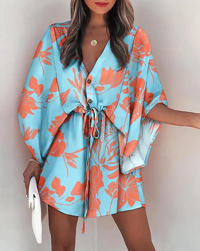 LF | Robe imprimée avec décolleté en V et manches chauve-souris