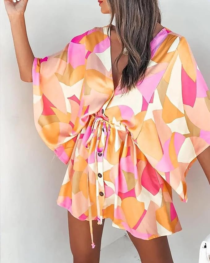 LF | Robe imprimée avec décolleté en V et manches chauve-souris