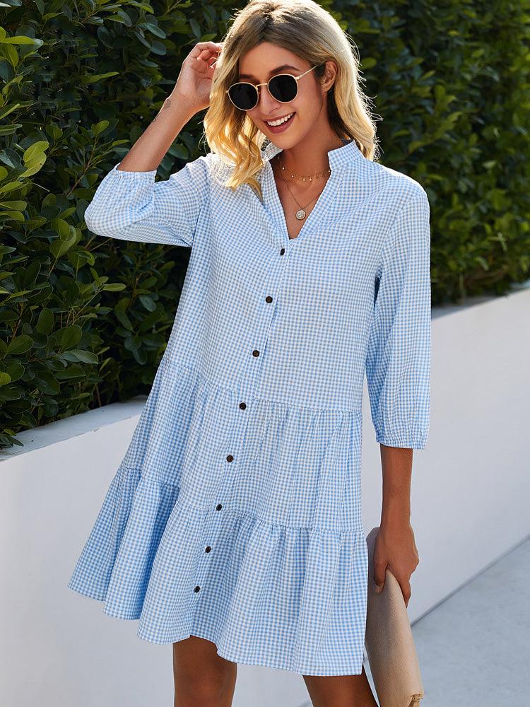 LF | Robe à col en V, imprimé rayé et boutonné