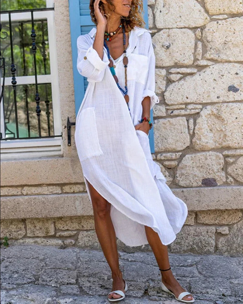 LF | Robe chemise décontractée en coton et lin