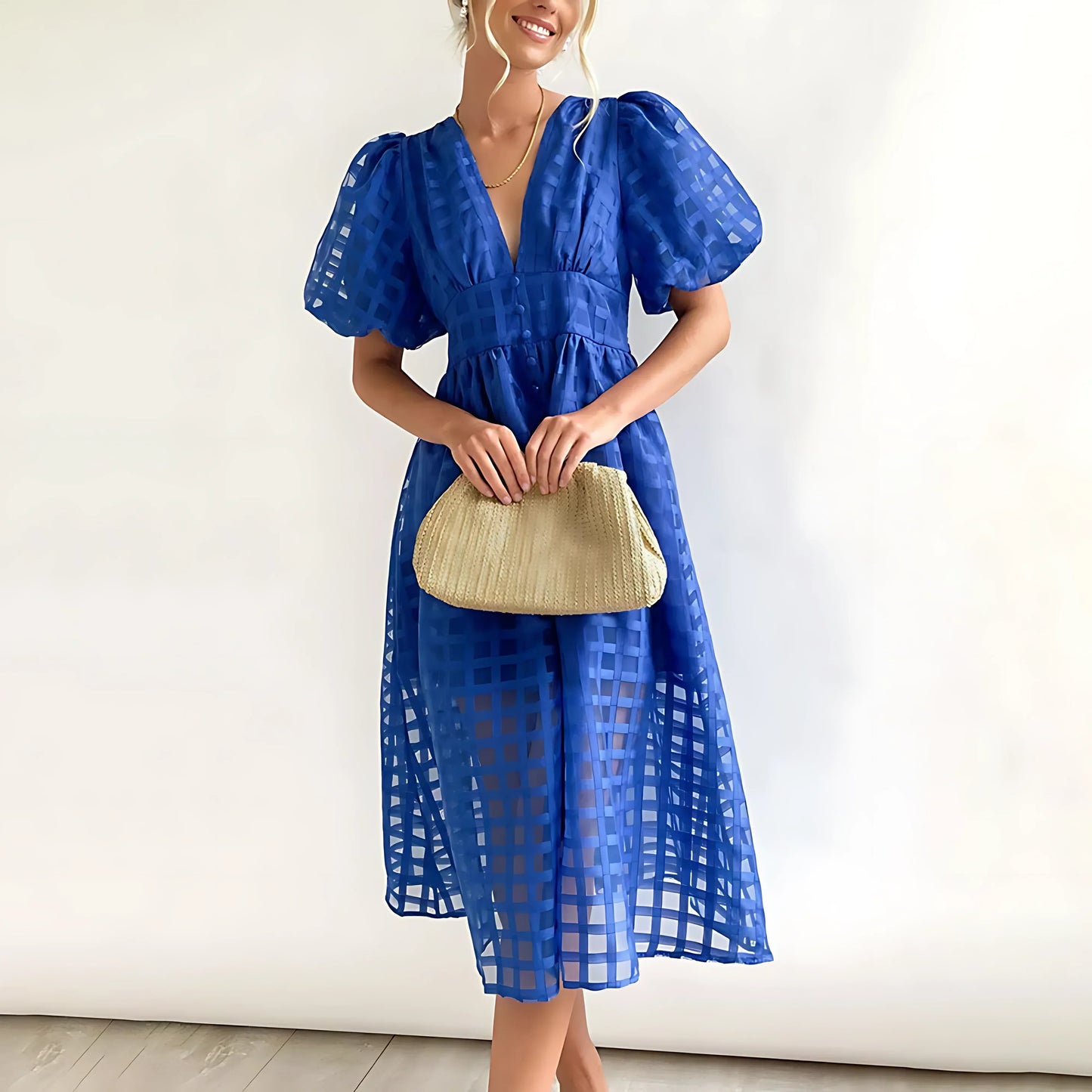 LF | Robe midi en tissu imprimé carré avec manches bouffantes
