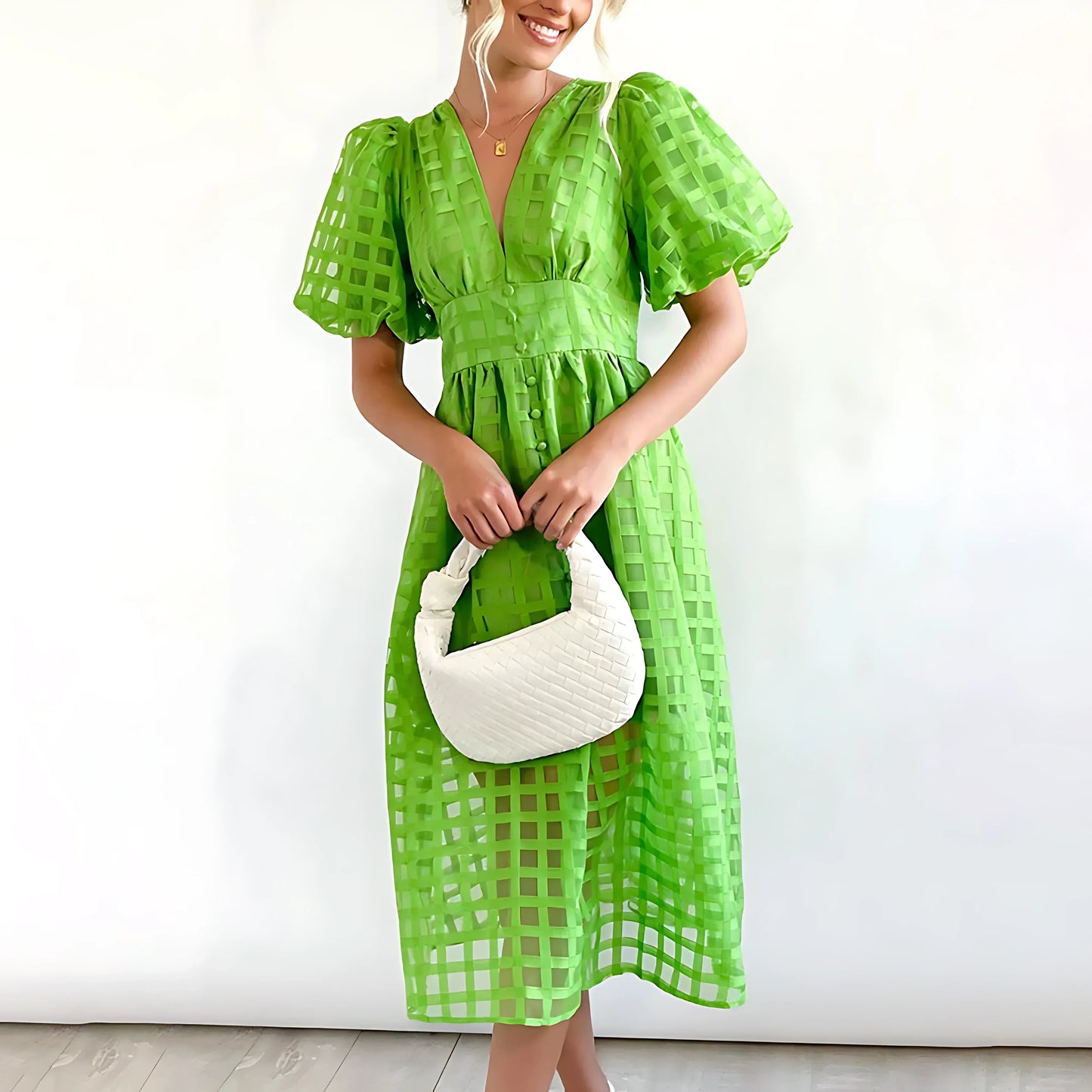 LF | Robe midi en tissu imprimé carré avec manches bouffantes