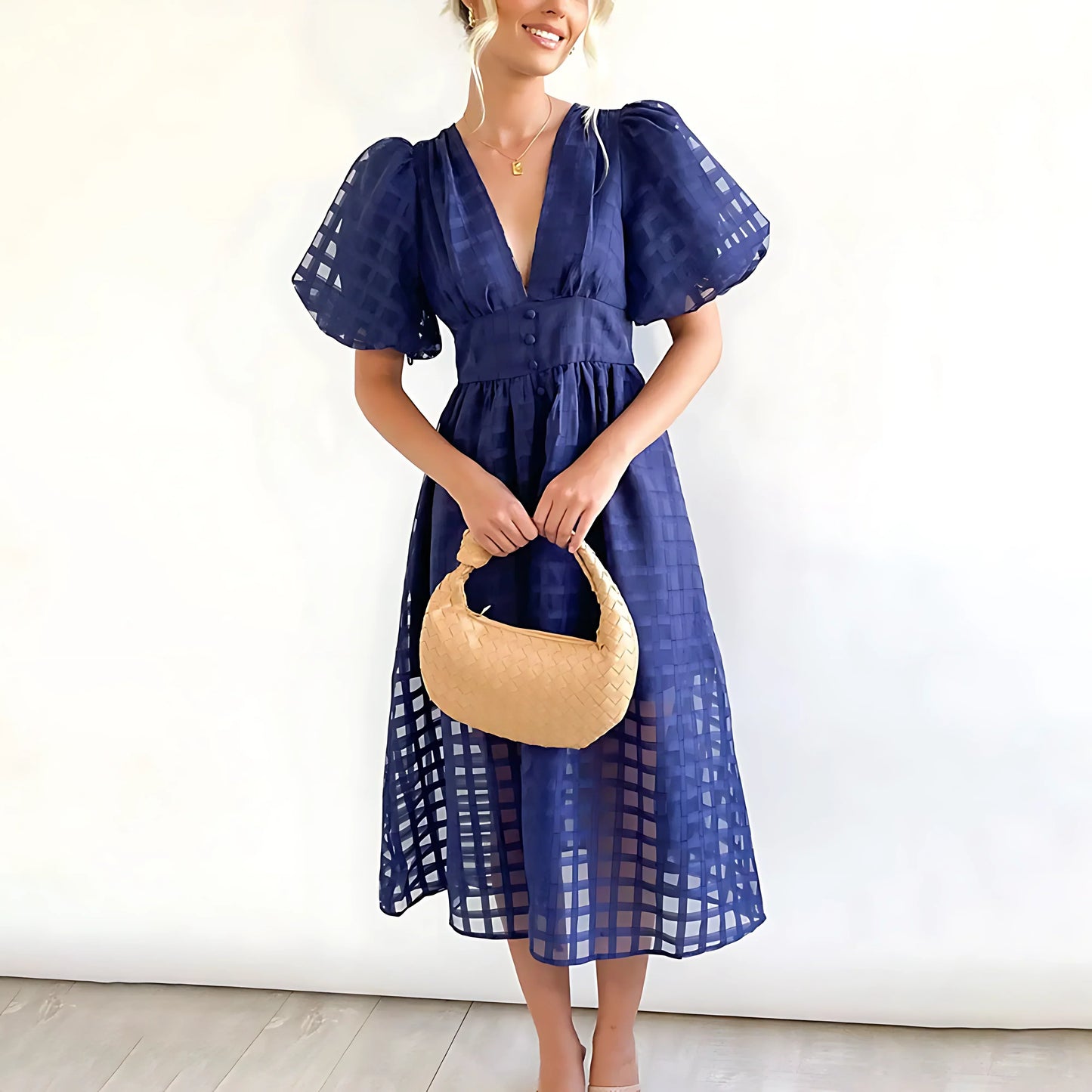 LF | Robe midi en tissu imprimé carré avec manches bouffantes