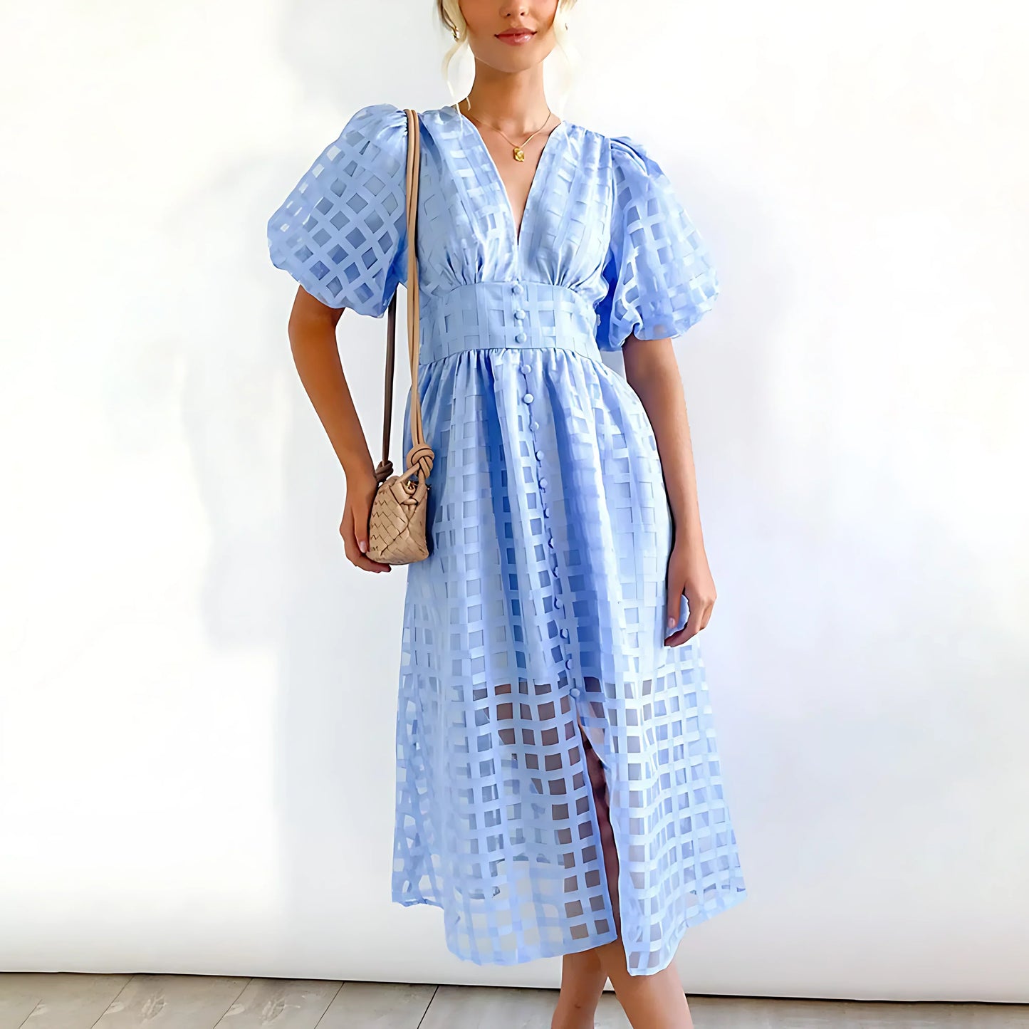 LF | Robe midi en tissu imprimé carré avec manches bouffantes