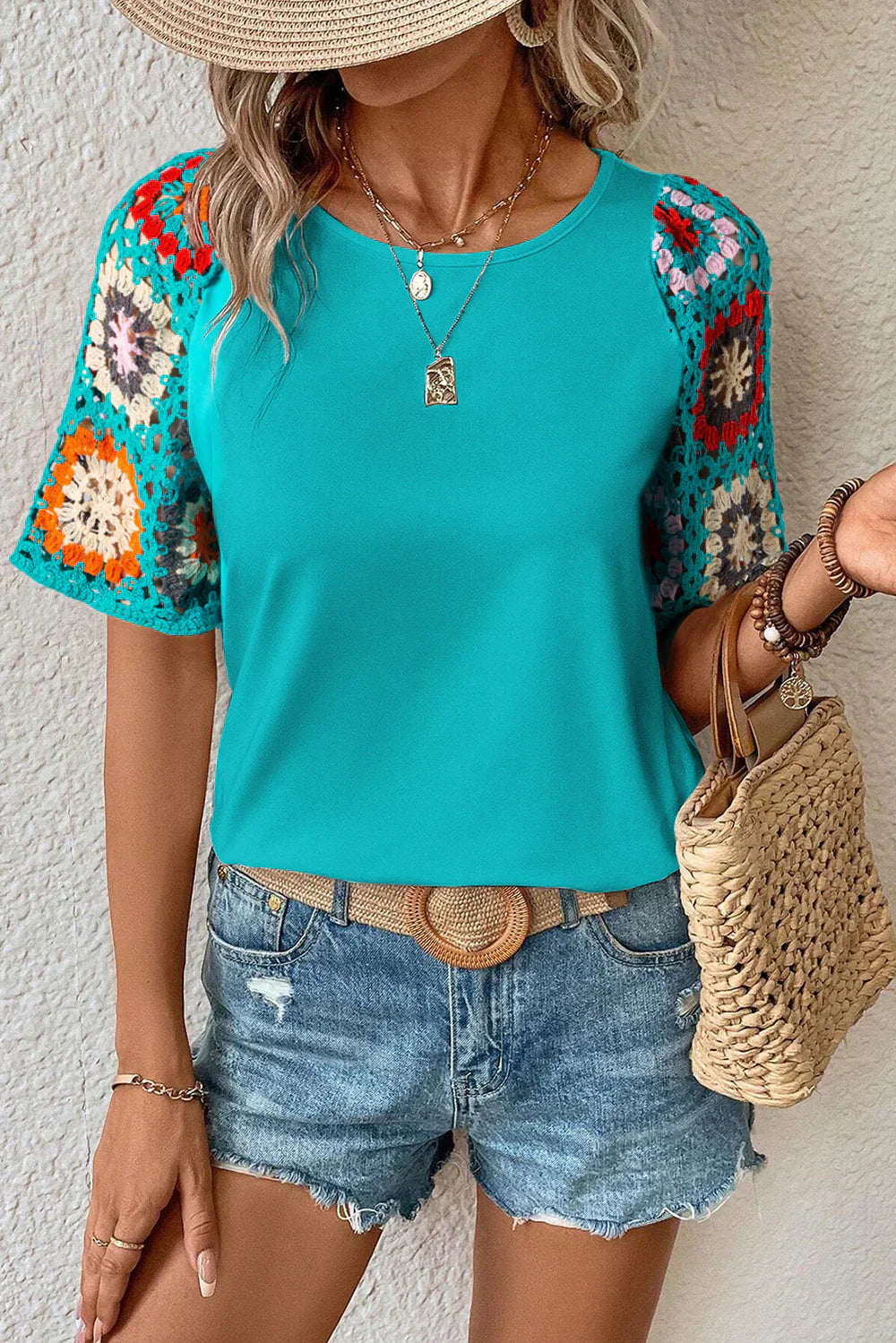 LF | Top à manches courtes en crochet avec imprimé floral