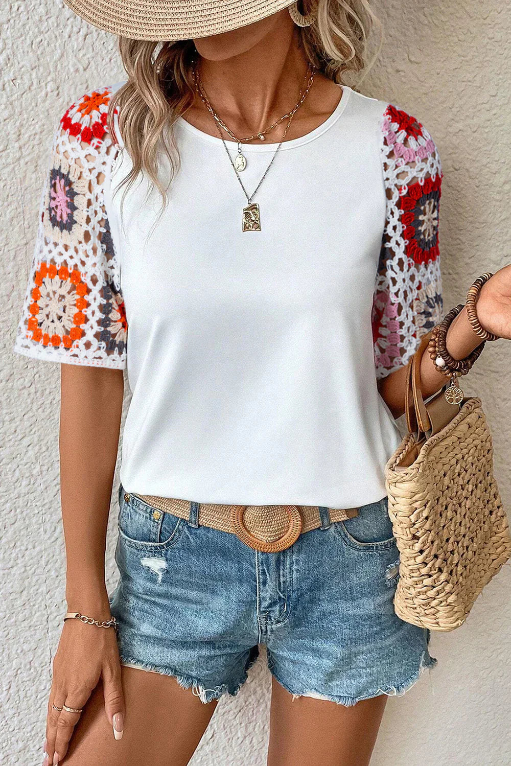 LF | Top à manches courtes en crochet avec imprimé floral