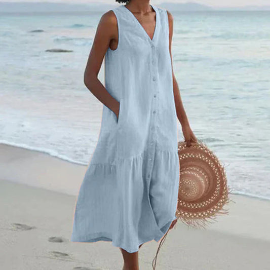 LF | Robe sans manches à col en V en coton et lin