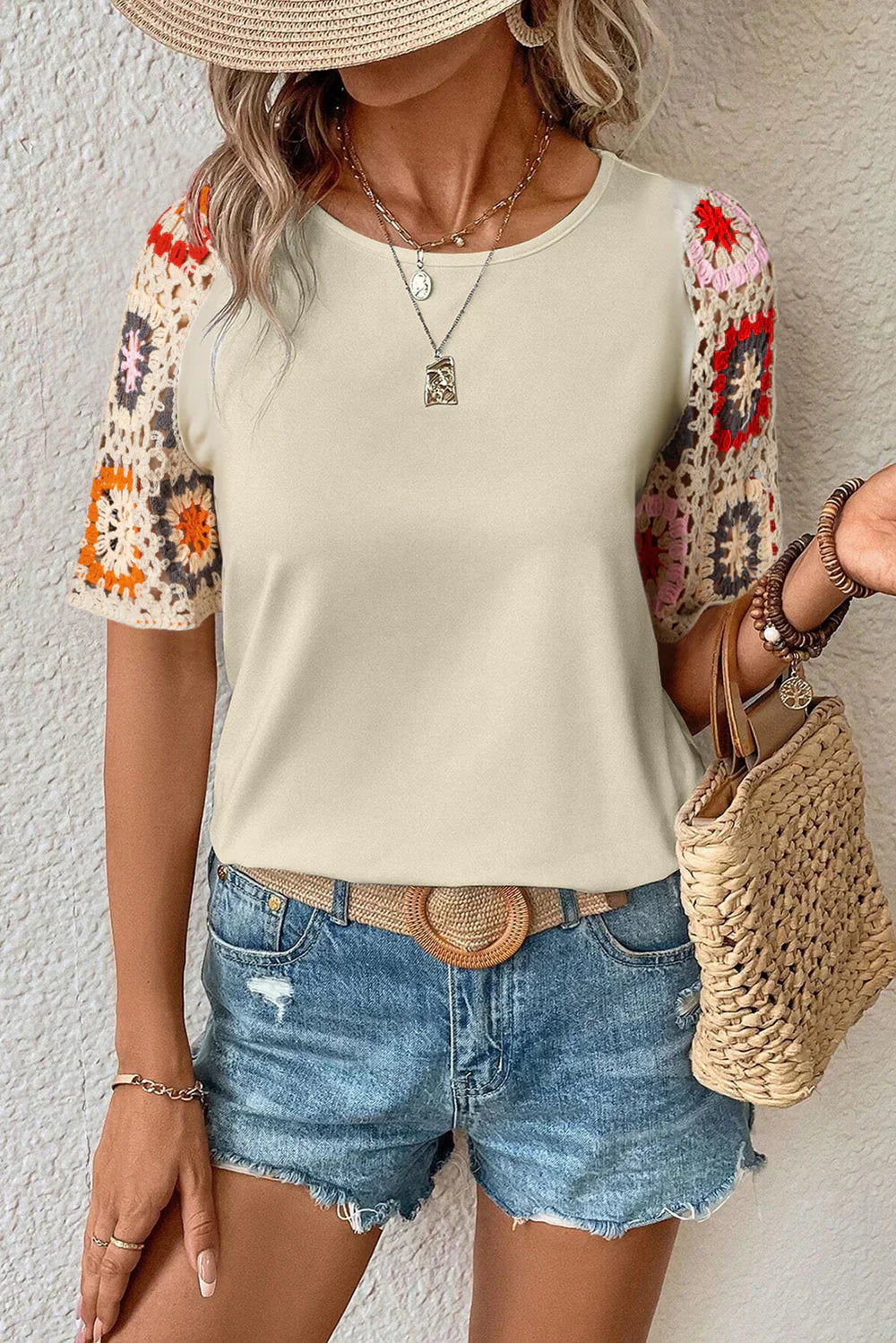 LF | Top à manches courtes en crochet avec imprimé floral