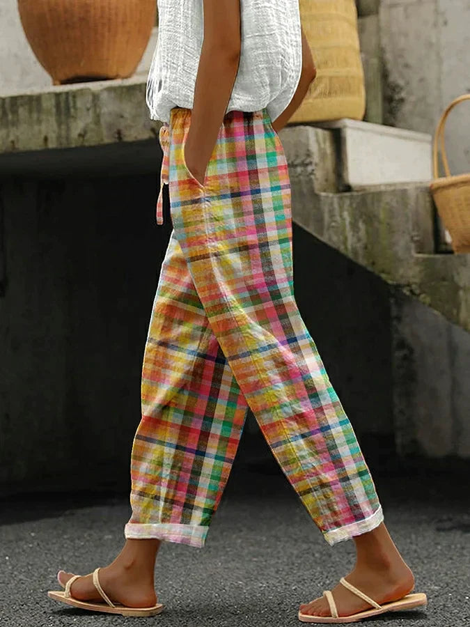 LF | Pantalon à carreaux multicolores pastel pour femmes