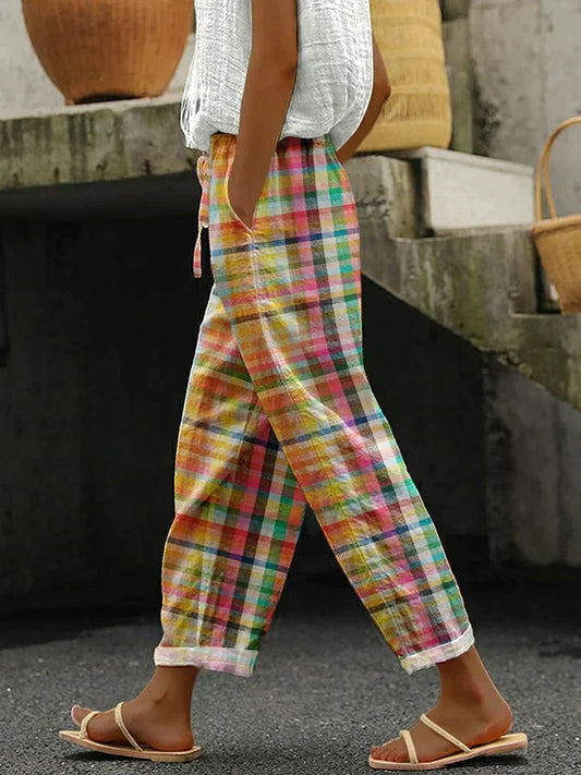 LF | Pantalon à carreaux multicolores pastel pour femmes